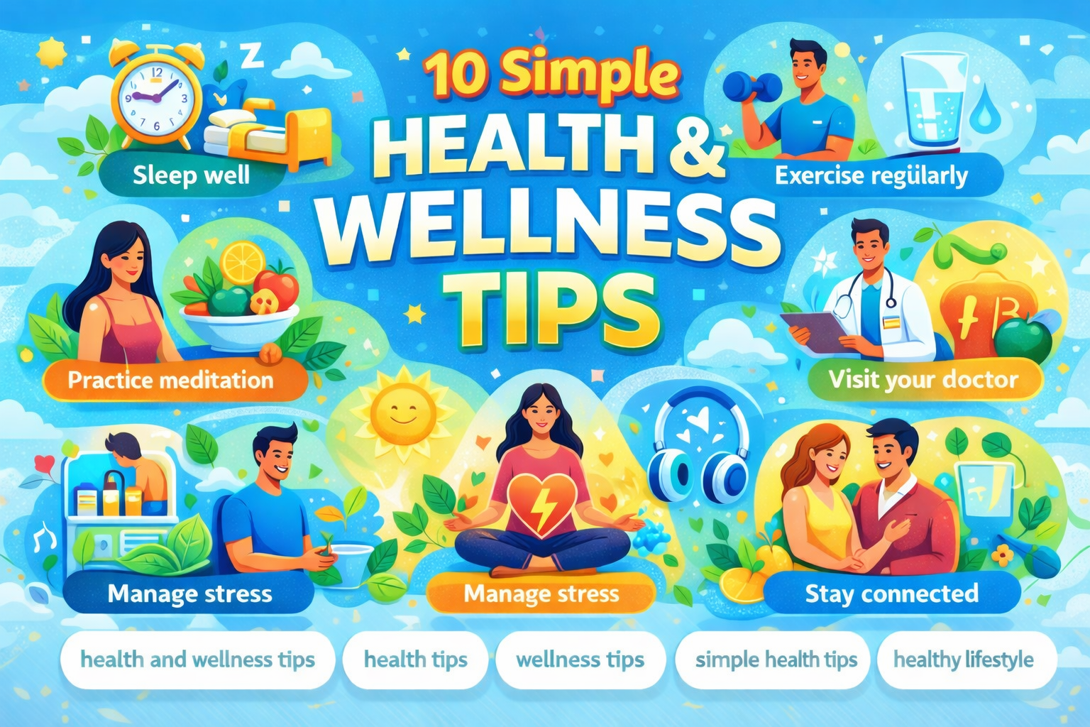 Simple health and wellness tip illustration showing healthy habits like sleep, exercise, hydration, meditation, and balanced diet