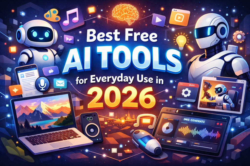 Best free AI tools for everyday use in 2026 with futuristic robots, AI icons, and digital technology illustration
