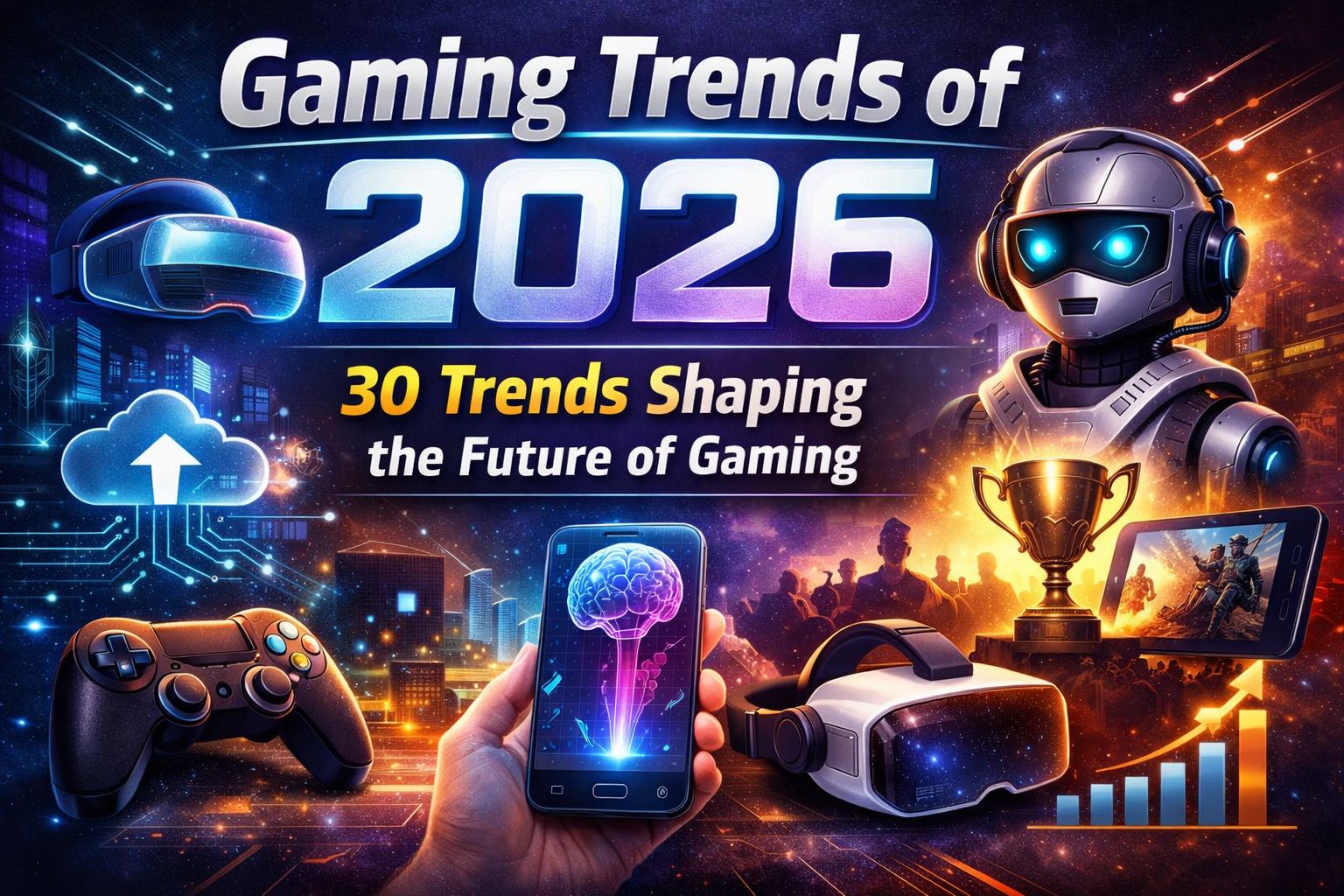 Gaming Trends of 2026 feature image with AI, VR, cloud gaming, and eSports.