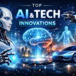 Top AI & Tech Innovations showcasing futuristic artificial intelligence, robotics, drones, smart cars, and digital technology