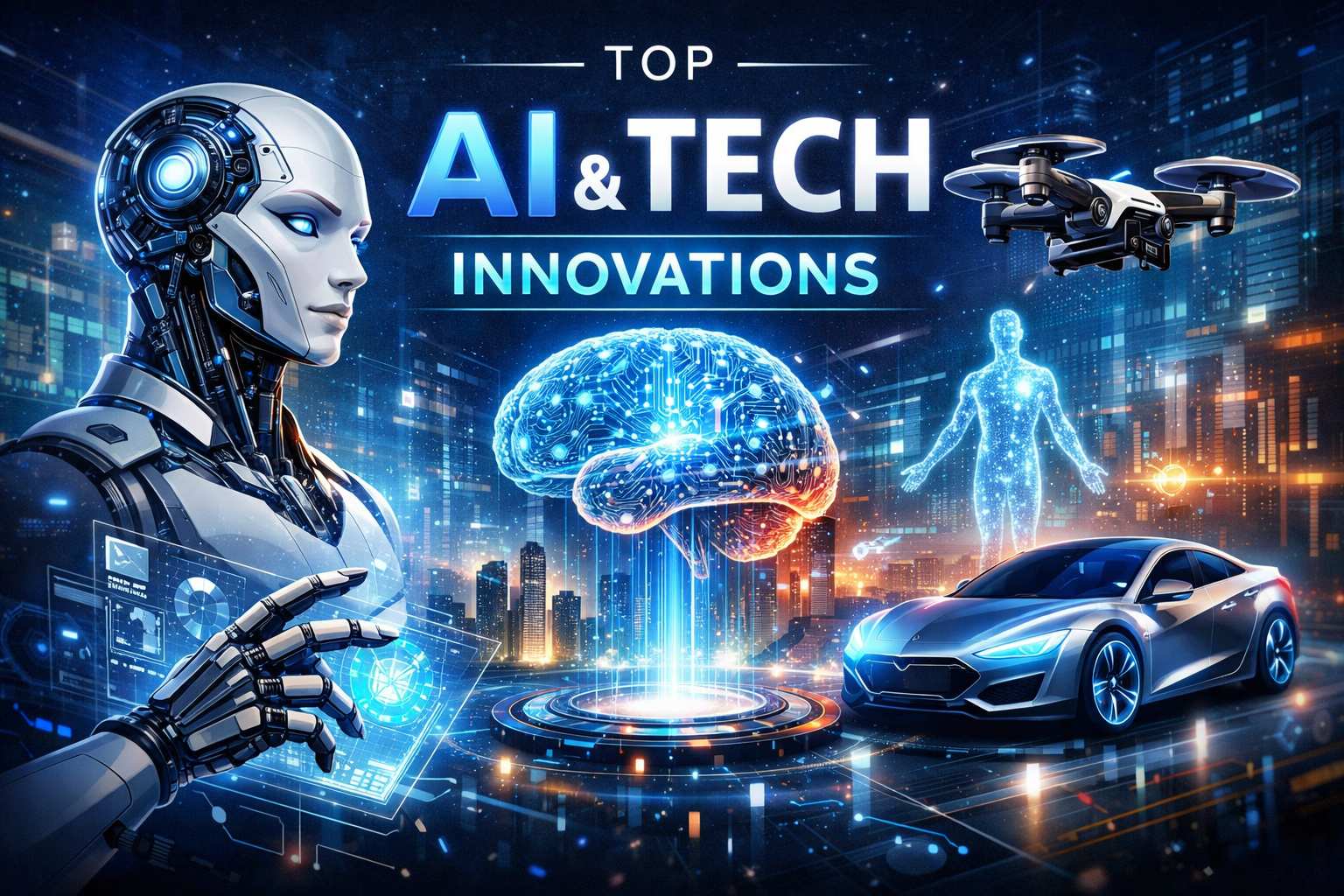 Top AI & Tech Innovations showcasing futuristic artificial intelligence, robotics, drones, smart cars, and digital technology