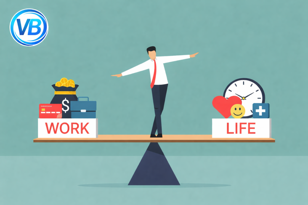 Work life balance concept image showing businessman balancing work and personal life priorities