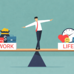 Work life balance concept image showing businessman balancing work and personal life priorities