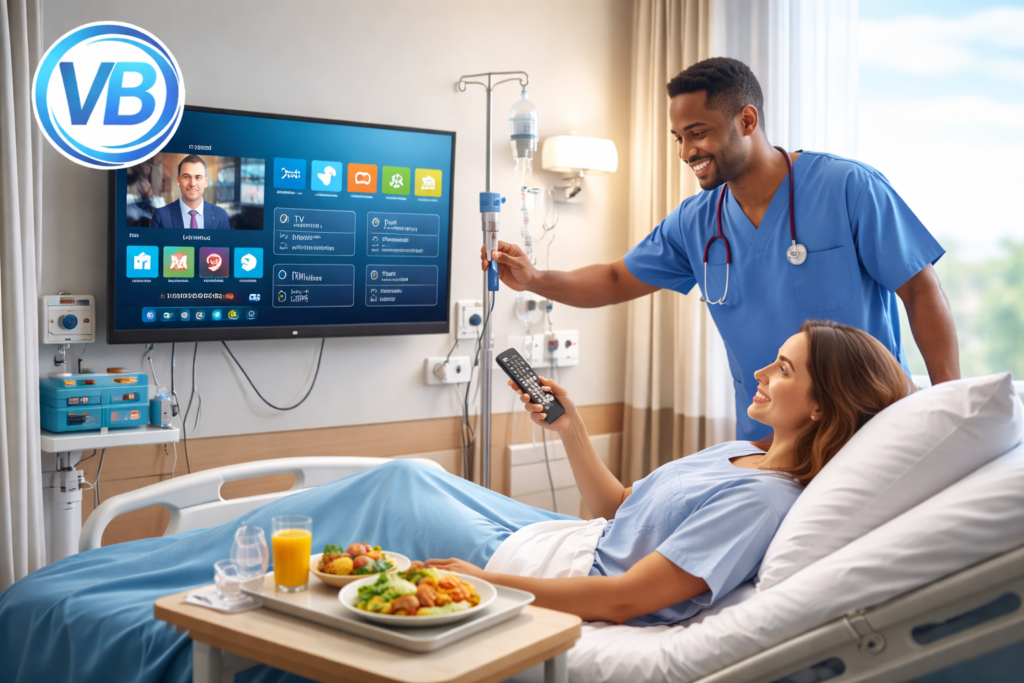 Patient using bedside entertainment system during hospital stay to enhance engagement and comfort.