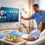 Patient using bedside entertainment system during hospital stay to enhance engagement and comfort.